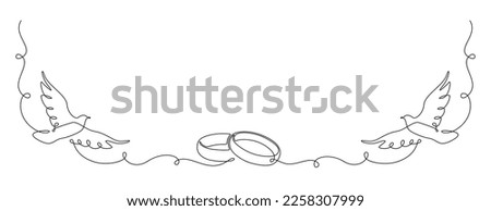 One continuous line drawing of Wedding rings and white dove. Romantic invitation design and symbol engagement and love marriage in simple linear style. Editable stroke. Doodle vector illustration Royalty-Free Stock Photo #2258307999