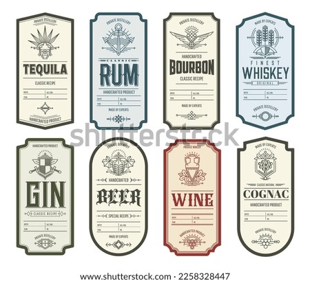 Vintage alcohol labels. Tequila, whiskey and rum, bourbon and gin, beer, wine and cognac drink bottle labels with vector thin line ornaments of grapevine, hops and barley, craft beverage emblems Royalty-Free Stock Photo #2258328447