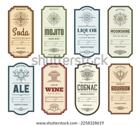 Vintage alcohol labels. Mojito, soda and cognac, ale and wine, liquor, bourbon and moonshine vector thin line badges of craft drink or beverage bottles. Pub, brewery and winery linear emblems set Royalty-Free Stock Photo #2258328619