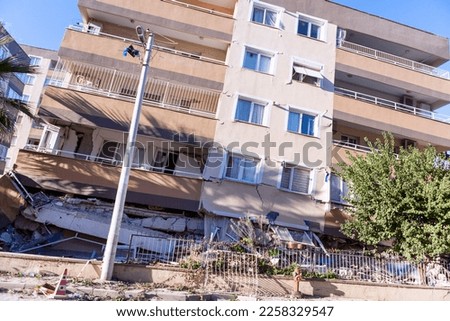 Collapsed building in earthquake. Earthquake on 30 October 2020 in The Aegean sea affected buildings in Izmir, Turkey. Building damaged in Bayrakli, Izmir, Turkey. Royalty-Free Stock Photo #2258329547