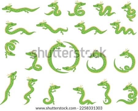 Illustration set of small green dragon characters