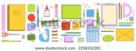 Collection of papers for memo and other stationery - notepads, stickers, pencil, pens, markers, notebooks and ect. Vector illustration isolated on white background