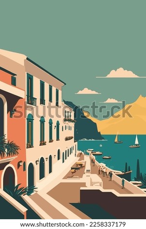 Cinque Terre - Italy, Europe. Vector flat color illustration. flat color cartoon style travel poster Royalty-Free Stock Photo #2258337179