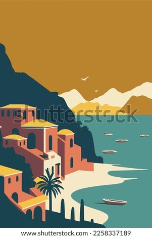 Vector illustration of an positano, Italy. Can be used as a background. flat color cartoon style travel poster Royalty-Free Stock Photo #2258337189