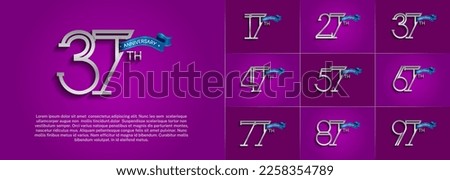 set of anniversary logotype silver color with blue ribbon on purple color background for special celebration event