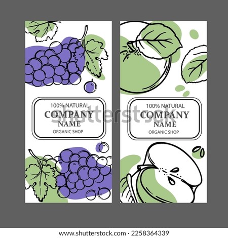 GRAPE APPLE LABELS Design Of Stickers For Shop Of Tropical Organic Natural Fresh Juicy Fruits And Dessert Drinks In Sketch Style Vector Illustration Set