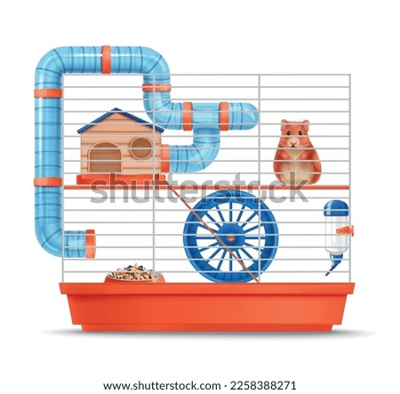 Realistic hamster cage with pet feeder and accessories vector illustration Royalty-Free Stock Photo #2258388271