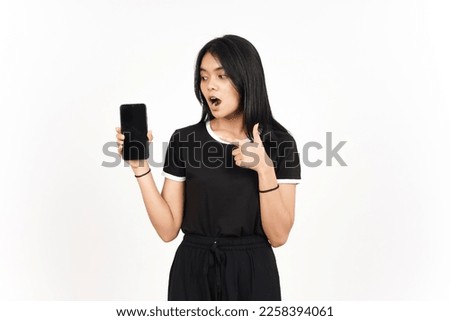 Showing blank smartphone screen with shocked face Of Beautiful Asian Woman Isolated On White Background
