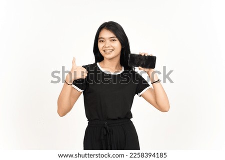 Showing Apps or Ads On Blank Screen Smartphone with thumbs up Of Beautiful Asian Woman Isolated On White Background