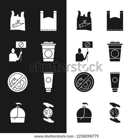 Set Paper glass, Nature saving protest, Dead bird, plastic, Plastic bag, No trash, Cream cosmetic tube, Hands holding Earth globe and Bottle of liquid soap icon. Vector