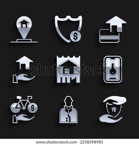 Set House, Realtor, with shield, Online real estate, Bicycle rental mobile app, Credit card and Location house icon. Vector