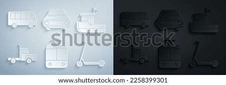 Set Tram and railway, Fishing boat, Delivery cargo truck vehicle, Scooter, Car and Bus icon. Vector