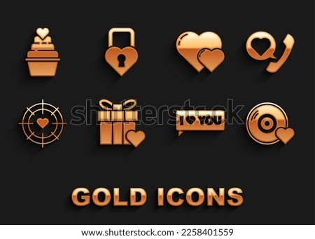 Set Gift box and heart, Telephone with speech bubble, Romantic music, Speech I love you, Heart in the center of darts target aim,  and Castle shape icon. Vector