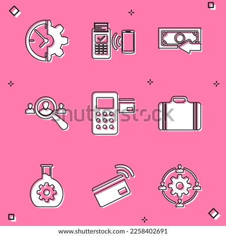Set Clock and gear, POS terminal, Cash back, Magnifying glass for search people, Pos and Suitcase travel icon. Vector