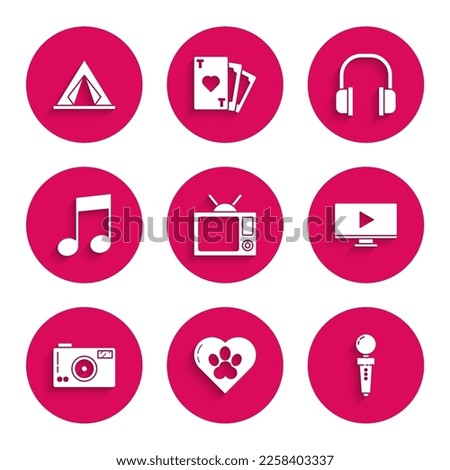 Set Television, Heart with animals footprint, Joystick for arcade machine, Online play video, Photo camera, Music note, tone, Headphones and Tourist tent icon. Vector