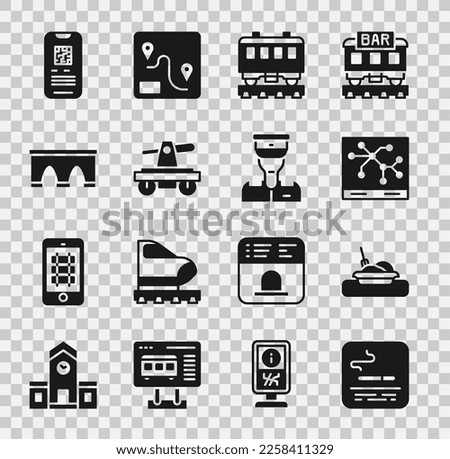 Set Smoking area, Plate with food, Railway map, Passenger train cars, Draisine or handcar, Bridge for, E-ticket and Train conductor icon. Vector