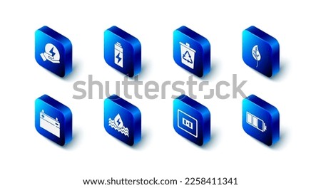 Set Battery, Recycle bin with recycle, Leaf or leaves, Electrical outlet, Water energy, Car battery and Lightning bolt icon. Vector
