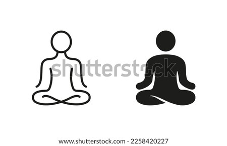 Yoga Position Silhouette and Line Icon Set. Meditate Relax Pictogram. Spiritual Chakra Zen Icon. Calm Aura Galaxy Serenity and Health Body. Editable Stroke. Isolated Vector Illustration. Royalty-Free Stock Photo #2258420227