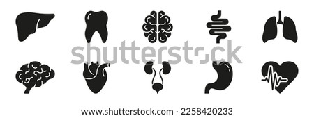 Human Internal Organ Anatomy Silhouette Icon Set. Tooth, Liver, Brain, Intestine, Lung, Heart, Stomach, Urinary System Glyph Pictogram. Medical Healthcare Icon. Isolated Vector Illustration. Royalty-Free Stock Photo #2258420233