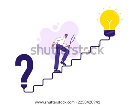 Problem solving, finding solution to solve problem, answer question, creativity or imagination, Man finding solution  on stair connect question mark to lightbulb solution Royalty-Free Stock Photo #2258420941