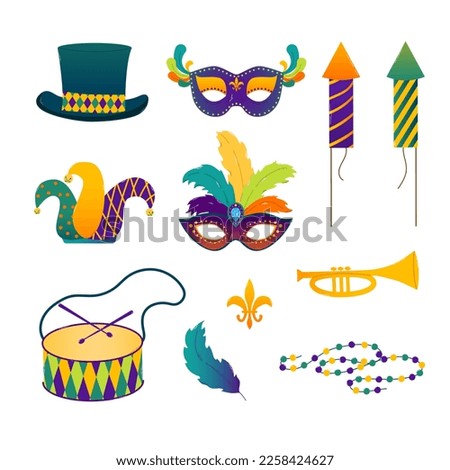 Set design elements for Mardi Gras festival. Traditional masquerade items. Fat tuesday. Greeting card, banner, poster. Gradient flat vector illustration