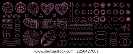 Geometry wireframe shapes and grids in neon pink color. 3D hearts, abstract backgrounds, patterns, cyberpunk elements in trendy psychedelic rave style. 00s Y2k retro futuristic aesthetic. Royalty-Free Stock Photo #2258427001
