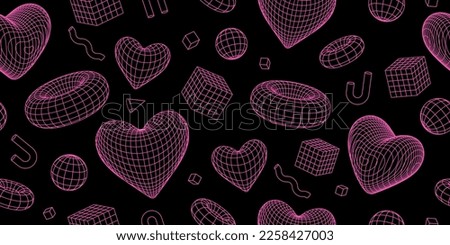Geometry wireframe shapes and grids in neon pink color. 3D hearts seamless pattern and abstract background. Cyberpunk elements in trendy psychedelic rave style. 00s Y2k retro futuristic aesthetic.
