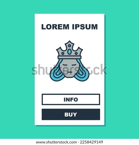 Filled outline Princess or queen wearing her crown icon isolated on turquoise background. Medieval lady.  Vector