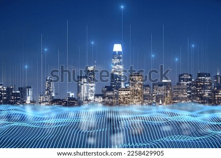 Smart city, high speed internet and big data connection technology concept digital graphic wire waves on night city skyscrapers skyline background, double exposure