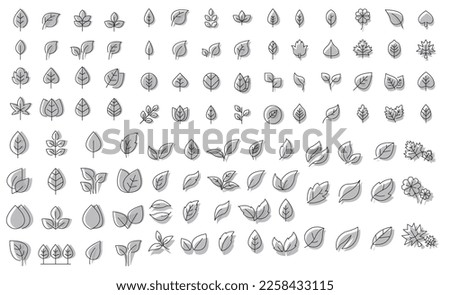 Cute set of Leaves Minimal Icons with shadows, hand drawn, vector illustrations.