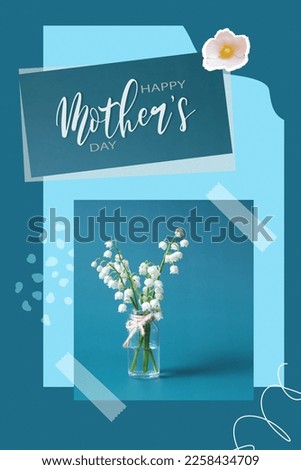 Happy Mother's Day text and flower bouquet in glass jar. Modern collage greeting card.