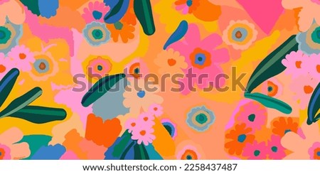 Hand drawn bright abstract flowers and leaves print. Cute modern cartoon style pattern. Fashionable template for design. Royalty-Free Stock Photo #2258437487