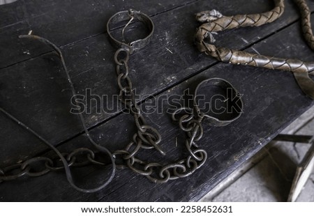 Detail of old medieval and inquisition instruments for torture Royalty-Free Stock Photo #2258452631