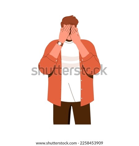 Ignoring, closing eyes with palms. Man character covering, hiding face, avoiding looking, refusing to see, blind to smth. Ignorance concept. Flat vector illustration isolated on white background.