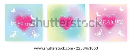 Vector set of illustrations with trendy gradient background with butterflies, stars, blurred heart. Modern vibrant postcards for fashion advertising, social media with motivational quotes in y2k style Royalty-Free Stock Photo #2258461853