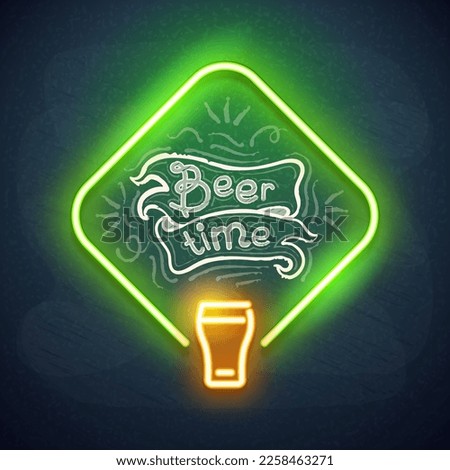 Hand Drawn Chalkboard Beer Time Lettering on Blackboard Background with Neon Frame. Vector clip art.