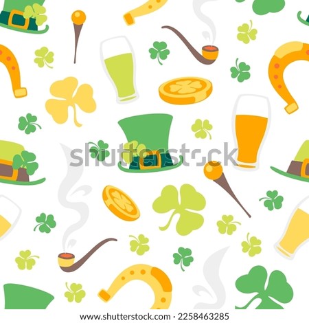 St. Patricks Day Seamless Texture. Editable pattern with colorful clover, hat, coins and beer icons in swatches.