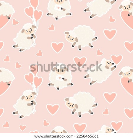Seamless pattern with cute sheeps on soft pink background with hearts. Vector illustration. Endless background for valentines, wallpapers, packaging, print, kids collection