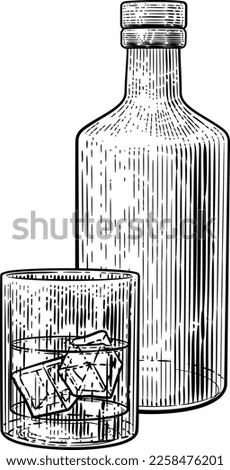 A drink in a glass with ice accompanied by a bottle in a vintage retro woodcut etched or engraved style