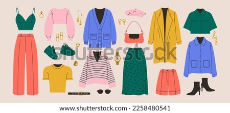 Fashion apparel. Cartoon women clothes accessories, stylish wardrobe dress shirt pants coat sweater shoes. Vector set Royalty-Free Stock Photo #2258480541