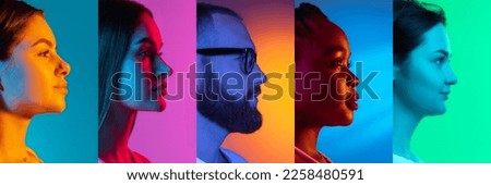 Collage of profile view faces of young men and women looking ahead over multicolored background in neon light. Concept of emotions, facial expression, fashion, beauty. Horizontal banner, flyer Royalty-Free Stock Photo #2258480591