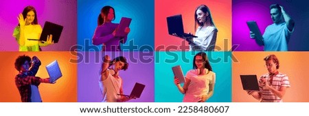Students life. Young motivated emotional women and man using gadgets, tablet and laptop over colorful background in neon light. Job, education, communication, youth concept