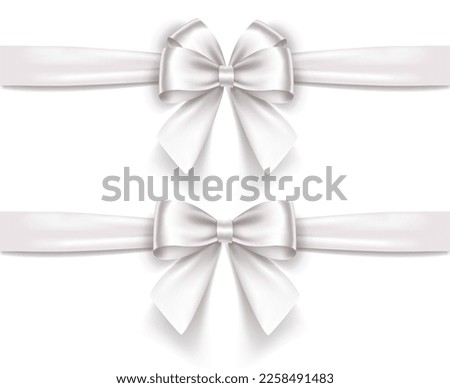 Set of satin decorative white bows with horizontal ribbon isolated on white background. Vector white bow and ribbon Royalty-Free Stock Photo #2258491483