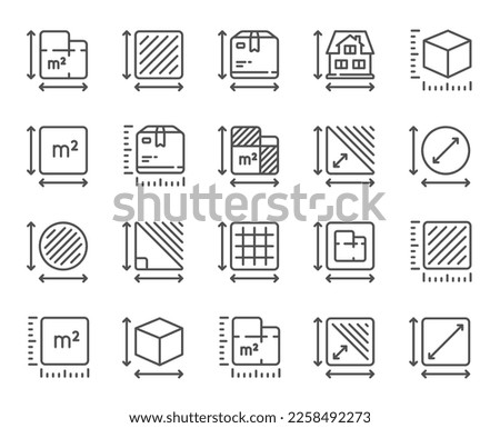 Dimension line icons. Square meter, Area size and Floor plan set. Box size dimension, room space and perimeter line icons. Post office package sizes, square area and triangle corner. Vector Royalty-Free Stock Photo #2258492273