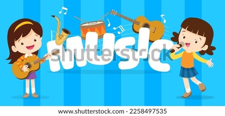 Play music concept of children group.Cartoon dancing kids and kids with musical instruments.cute child musician various actions playing music.around big Letter.