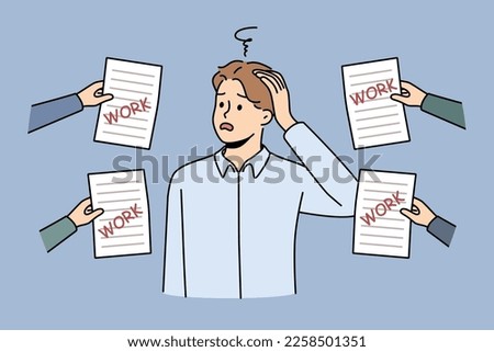 Frustrated male employee overwhelmed with numerous work letters or notifications. Unhappy man worker confused with workload. Vector illustration. 