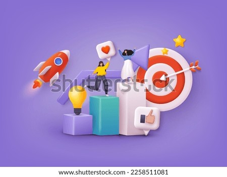 Partnership, team work, startup collaboration, target business. Business analysis, content strategy and management concept. 3D Web Vector Illustrations.