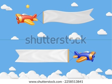 3d retro airplane with advertising banner. Retro flying plane aircraft in a blue sky with empty poster billboard. Vector illustration Royalty-Free Stock Photo #2258513841