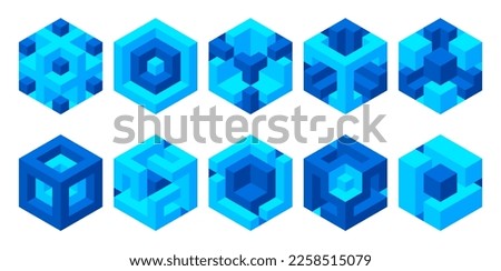 Set of illusory cubes made of blocks. The isometric cube turns in different angles. Math objects with mental tricks. Brain optical illusion. Symbol with three-dimensional effect. Royalty-Free Stock Photo #2258515079