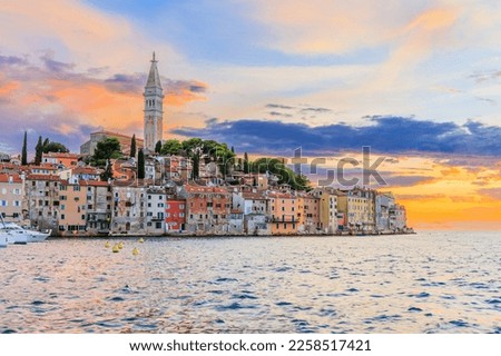Rovinj, Croatia. Sunset view of old town on the western coast of the Istrian peninsula. Royalty-Free Stock Photo #2258517421